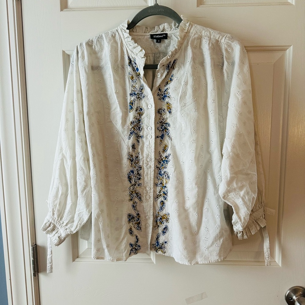 Tolani White Blouse with Blue and Yellow Embroidery